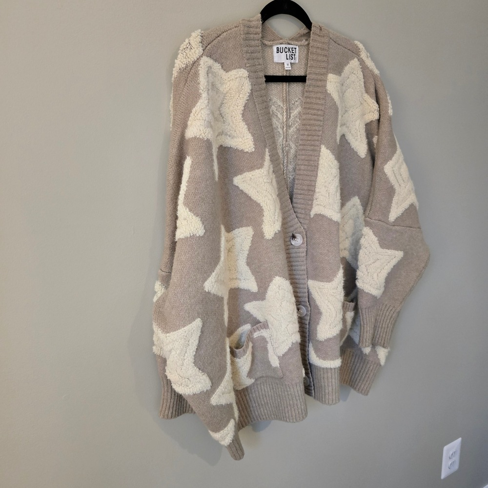 Bucket List Star Pattern Oversized Cardigan Sweater Tan Cream Wool Blend IT1670M - Picture 2 of 8